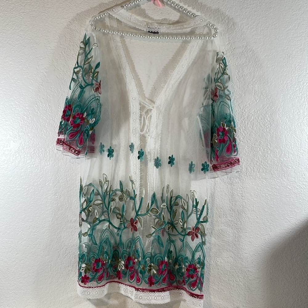ASHA Floral Embroidered Lace Mesh Sheer Cardigan Kimono & Beach Cover Up - Picture 4 of 7
